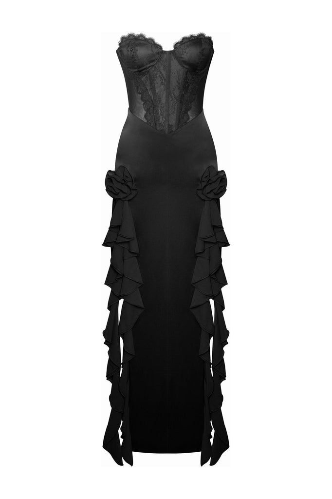 TALIA BLACK SATIN LACE CORSET DRESS
