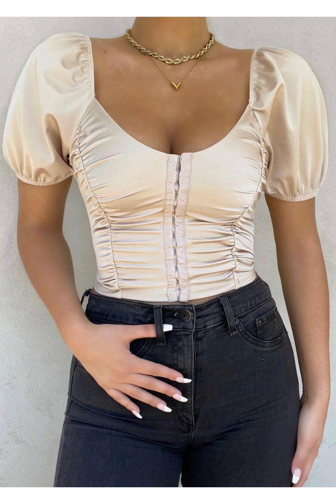 Taupe Ruched Corset Crop Top