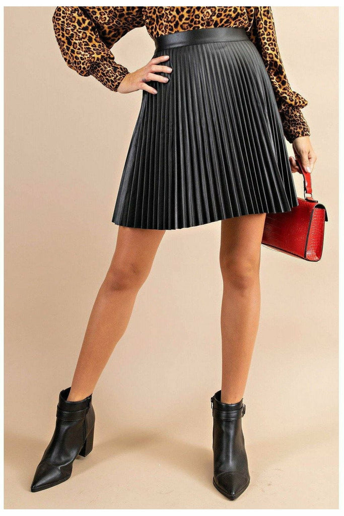 Black Faux Leather Pleated Skirt