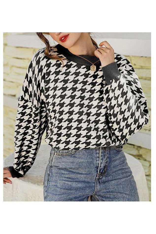 Black and White Houndstooth Pullover Sweater - MONZI