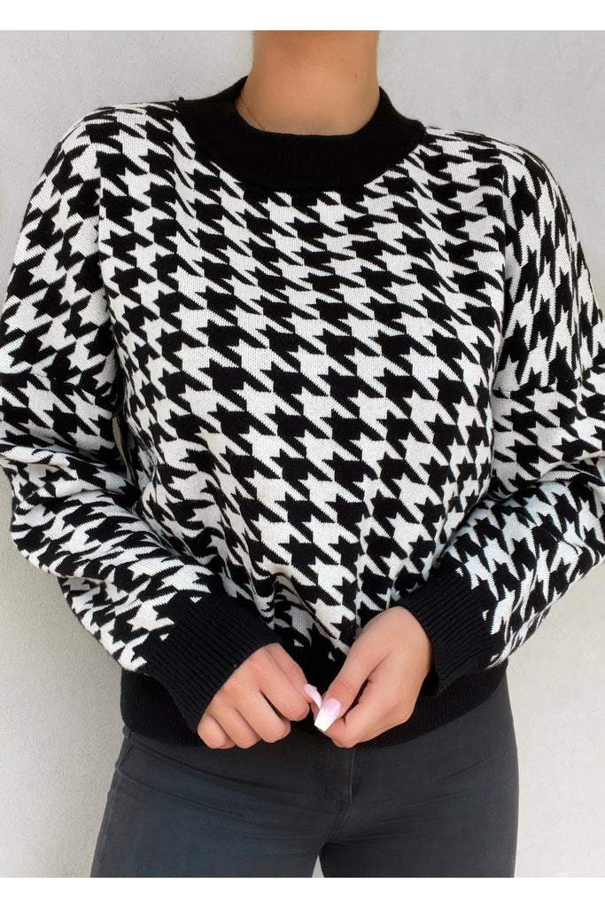 Black and White Houndstooth Pullover Sweater