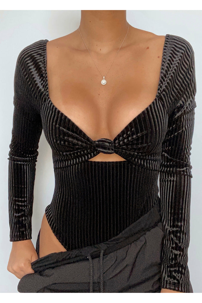 Black Striped Velvet Bodysuit
