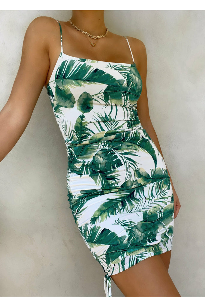 Tropical Leaf Print Mini Dress W/Ruched Side