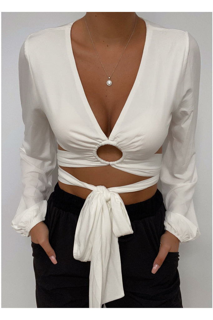 White Ring Waist Tie Crop Top - MONZI