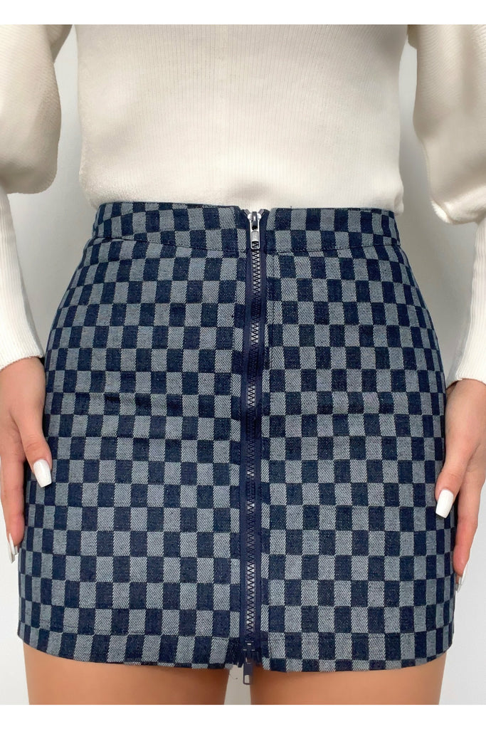 Blue Checker Denim Skirt