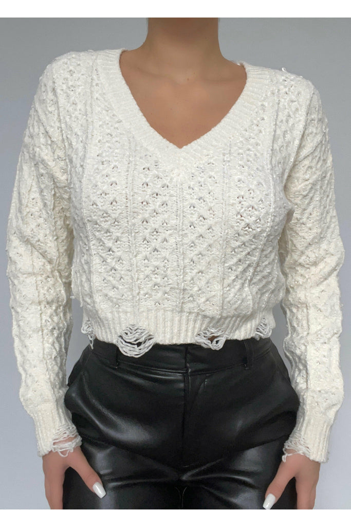 White Knit Distressed Sweater