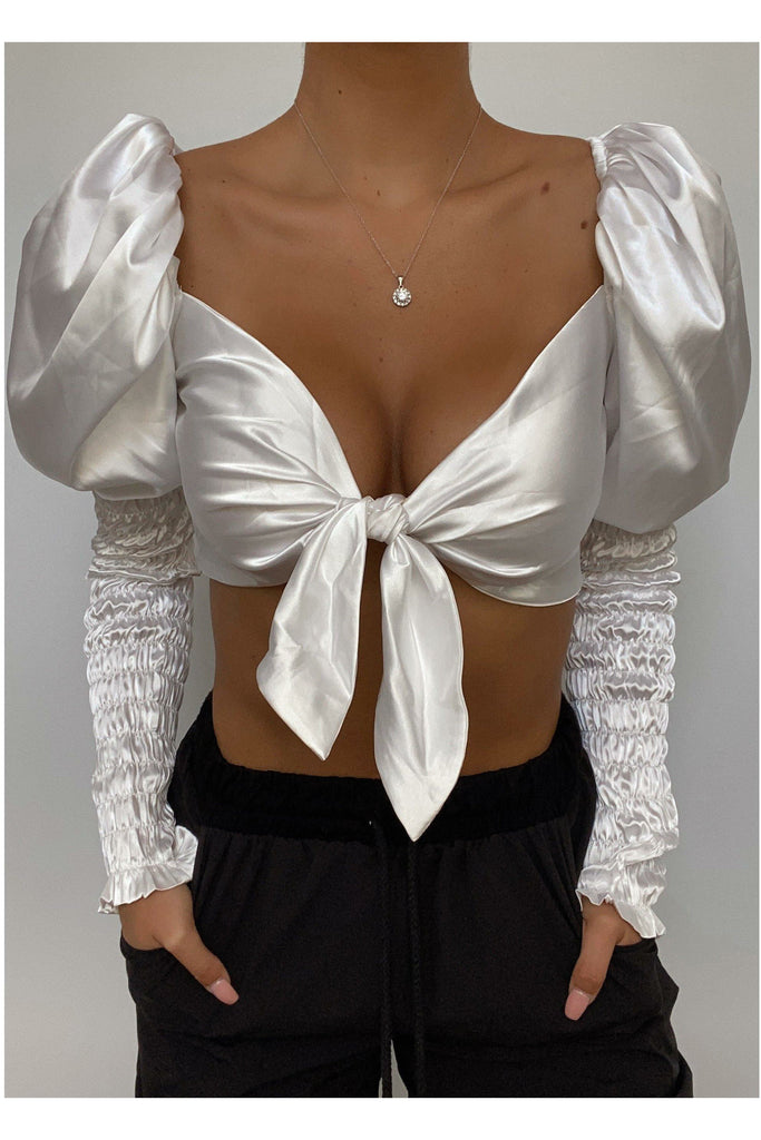 satin tie top with ruffled flare shoulder sleeves