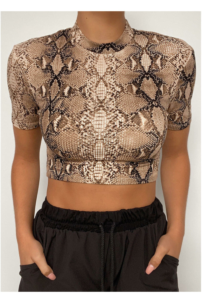 Tan Snake Print Crop Tee - MONZI